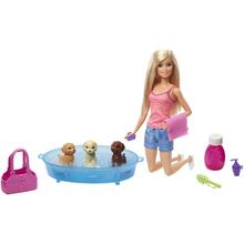 Barbie Doll, Blonde, And Playset With 3 Puppies, Bathtub And Accessories by Mattel