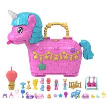 Polly Pocket Unicorn Partyland Playset With 2 Micro Dolls, Pets & 25+ Surprise Accessories, Birthday Celebration With Hot Air Balloon Ride by Mattel