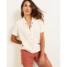 Women's Short-Sleeve Embroidered Linen Camp Shirt