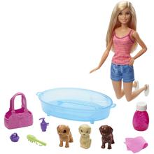 Barbie Doll, Blonde, And Playset With 3 Puppies, Bathtub And Accessories by Mattel