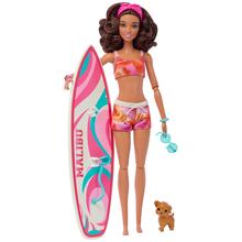 Barbie Doll With Surfboard And Puppy, Poseable Brunette Barbie Beach Doll