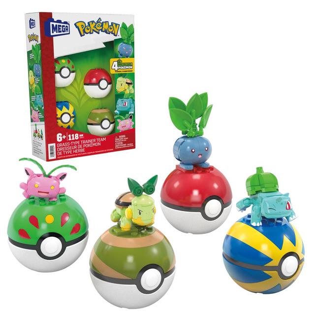 Mattel - Mega Pokemon Grass-Type Trainer Team Building Toy Kit, 4 Action Figures (118 Pieces) For Kids