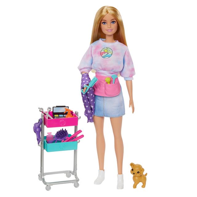 Mattel - Barbie "Malibu" Stylist Doll & 14 Accessories Playset, Hair & Makeup Theme With Puppy & Styling Cart