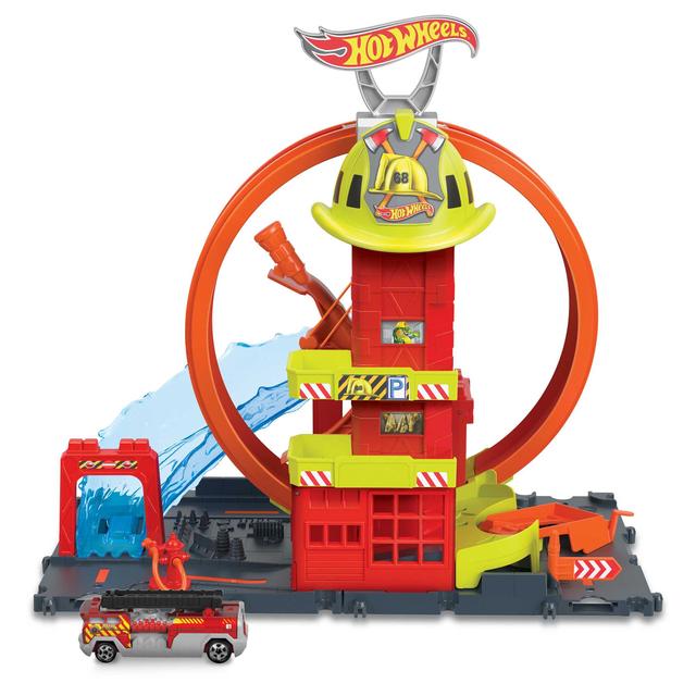 Mattel - Hot Wheels City Super Loop Fire Station Playset, Track Set With 1 Toy Car
