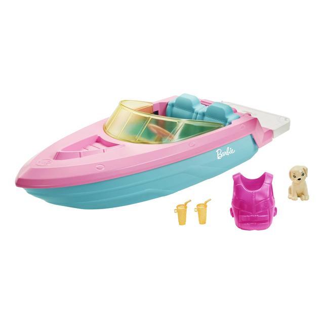 Mattel - Barbie Boat With Puppy And Accessories, Fits 3 Dolls, Floats In Water, 3 To 7 Year Olds