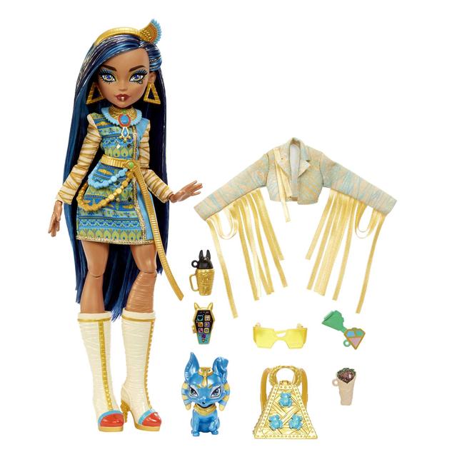 Mattel - Monster High Doll, Cleo De Nile With Pet Dog, Blue Streaked Hair