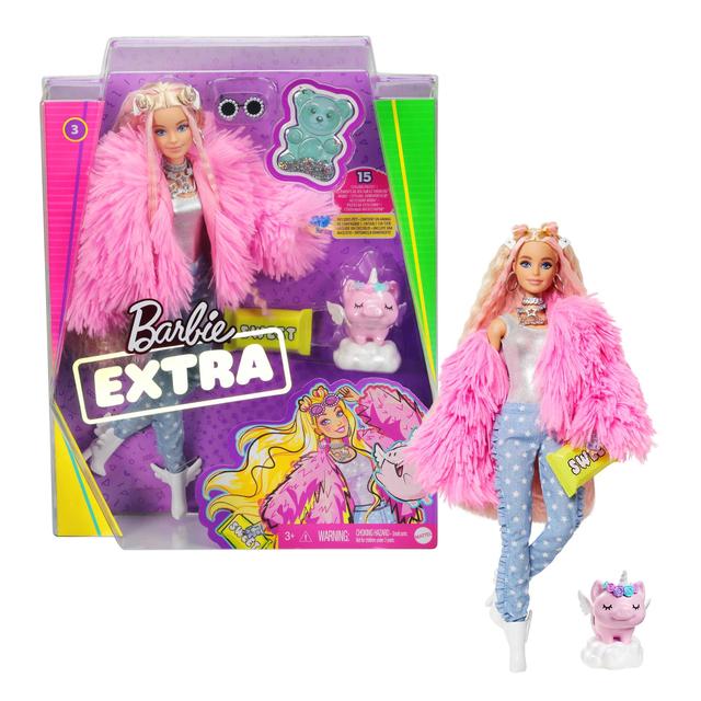 Mattel - Barbie Extra Doll In Pink Fluffy Coat With Unicorn-Pig Toy