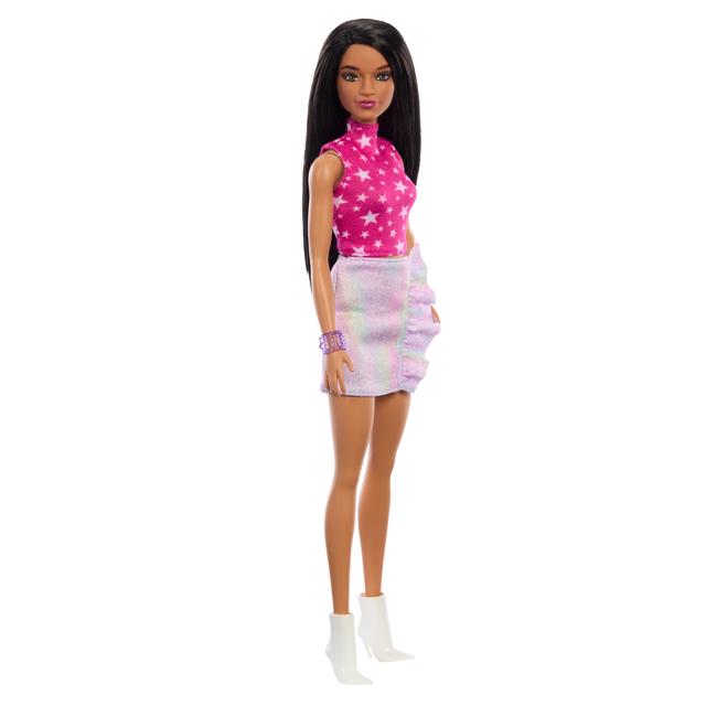 Mattel - Barbie Fashionistas Doll #215 With Black Straight Hair & Iridescent Skirt, 65th Anniversary