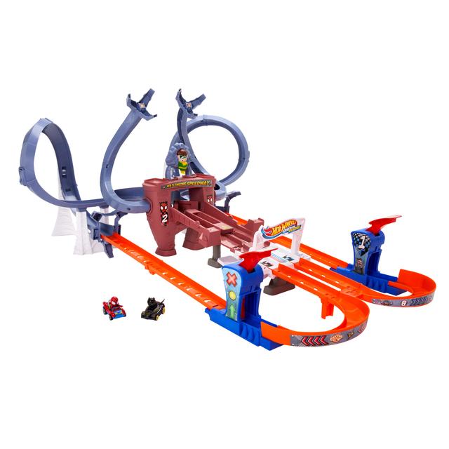 Mattel - Hot Wheels Racerverse Spider-Man's Web-Slinging Speedway Track Set With 2 Hot Wheels Racers