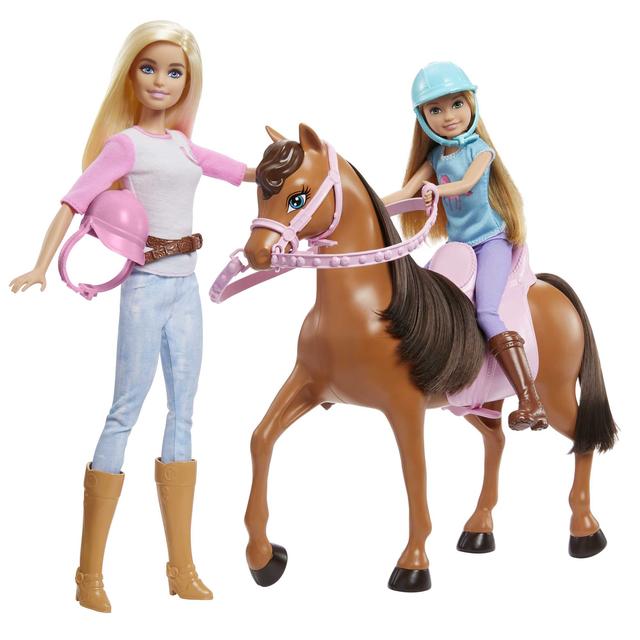 Mattel - Barbie Sisters Horseback Riding Playset With Horse & 2-Seater Saddle, Barbie Doll & Stacie Doll Wearing Riding Outfits