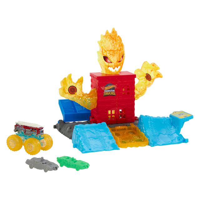 Mattel - Hot Wheels Monster Trucks Power Smashers 5-Alarm Torch Tower Takedown Playset With 1:64 Scale Toy Truck & 2 Crushed Cars